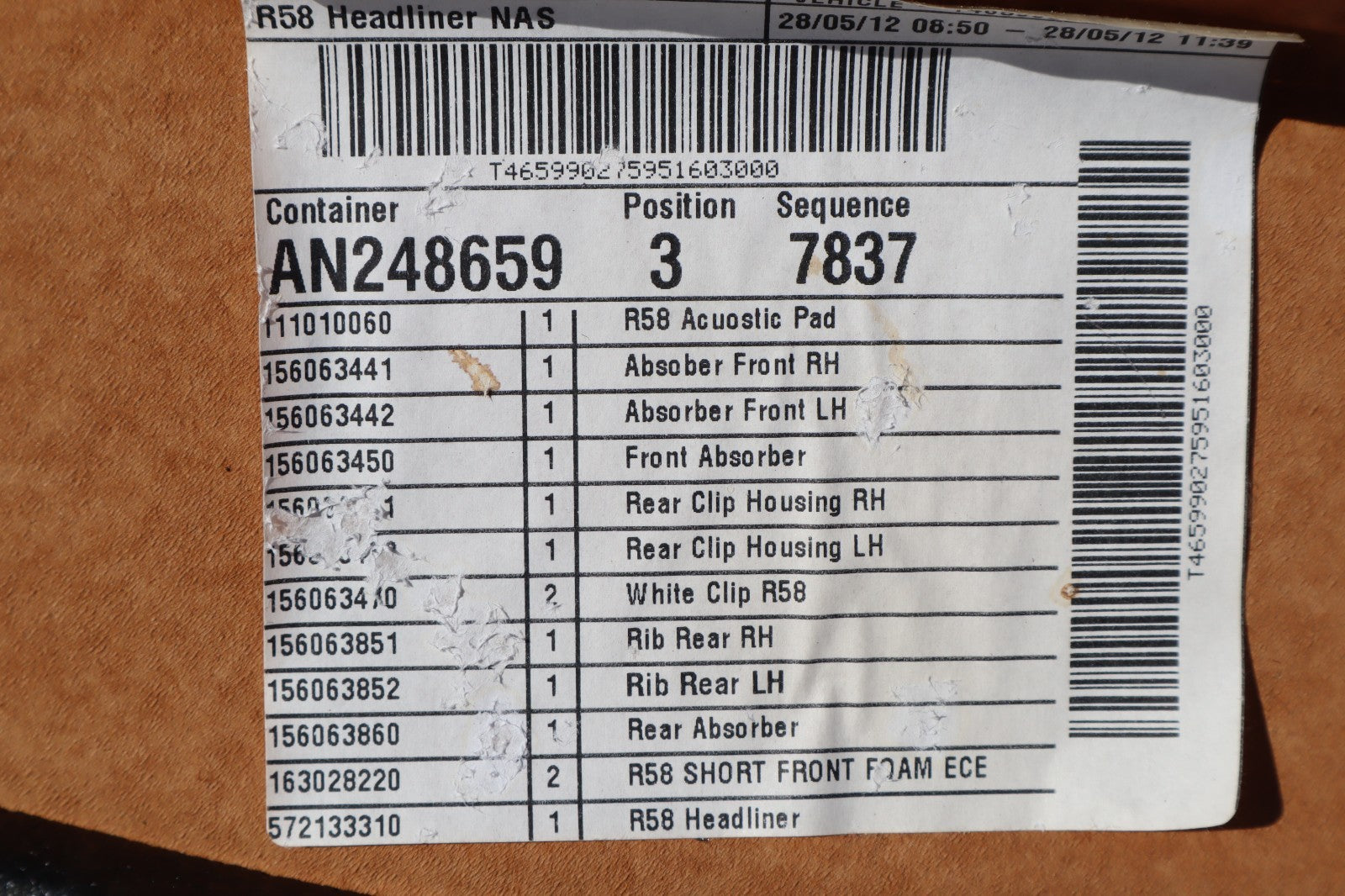 2012 MINI COOPER ROOF HEADLINER OEM