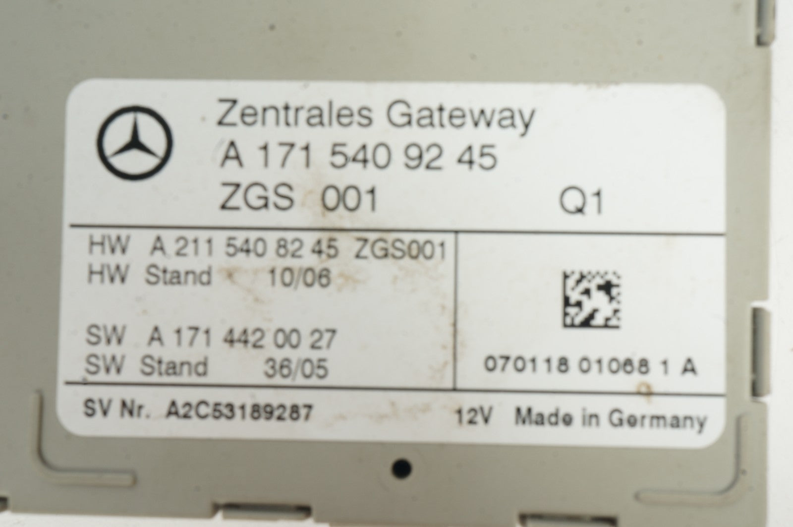 03-11 Mercedes R171 SLK350 E320 Central Gateway Control Module 1715409245 OEM