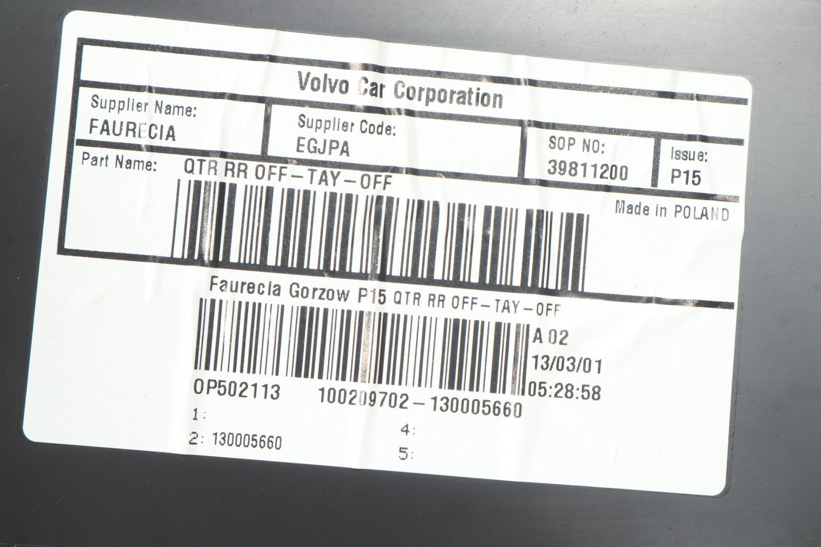 2013 VOLVO C70 REAR LEFT INTERIOR TRIM PANEL OEM