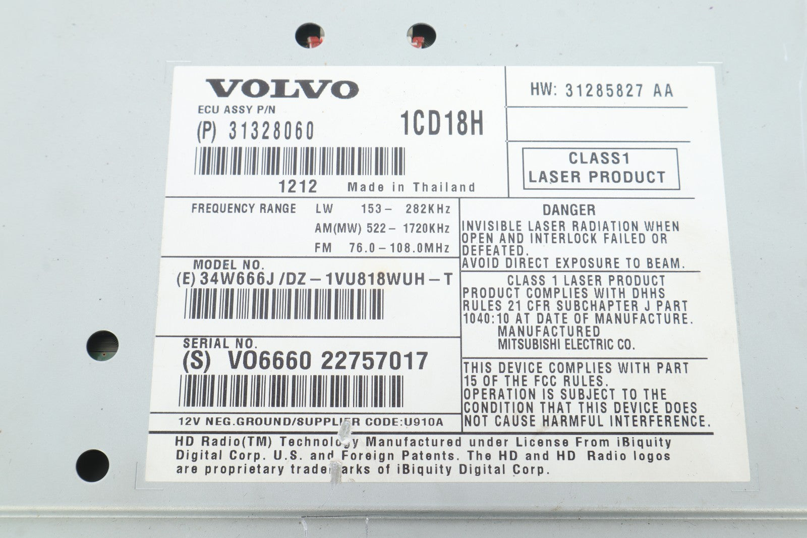 2009-2013 VOLVO C30 70 V50 S40 RADIO CD MECHANISM 31328060 OEM