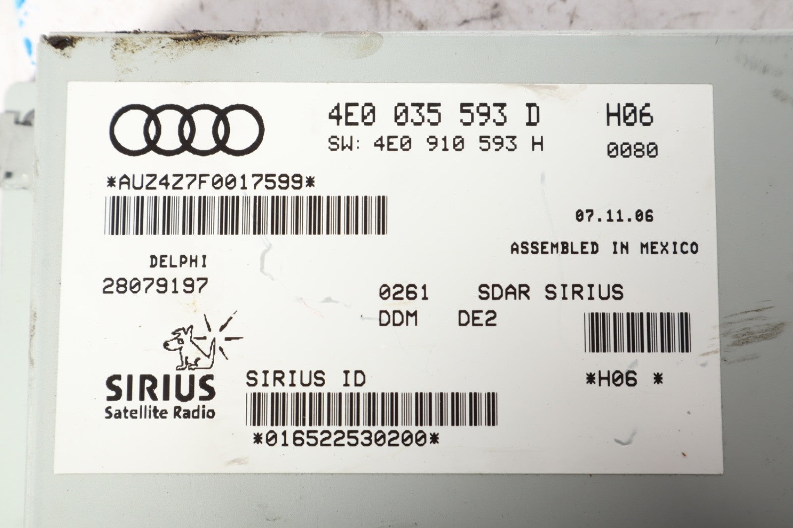 2007-2009 AUDI Q7 A6 A8 SIRIUS SATELLITE RADIO MODULE 4E0035593D OEM