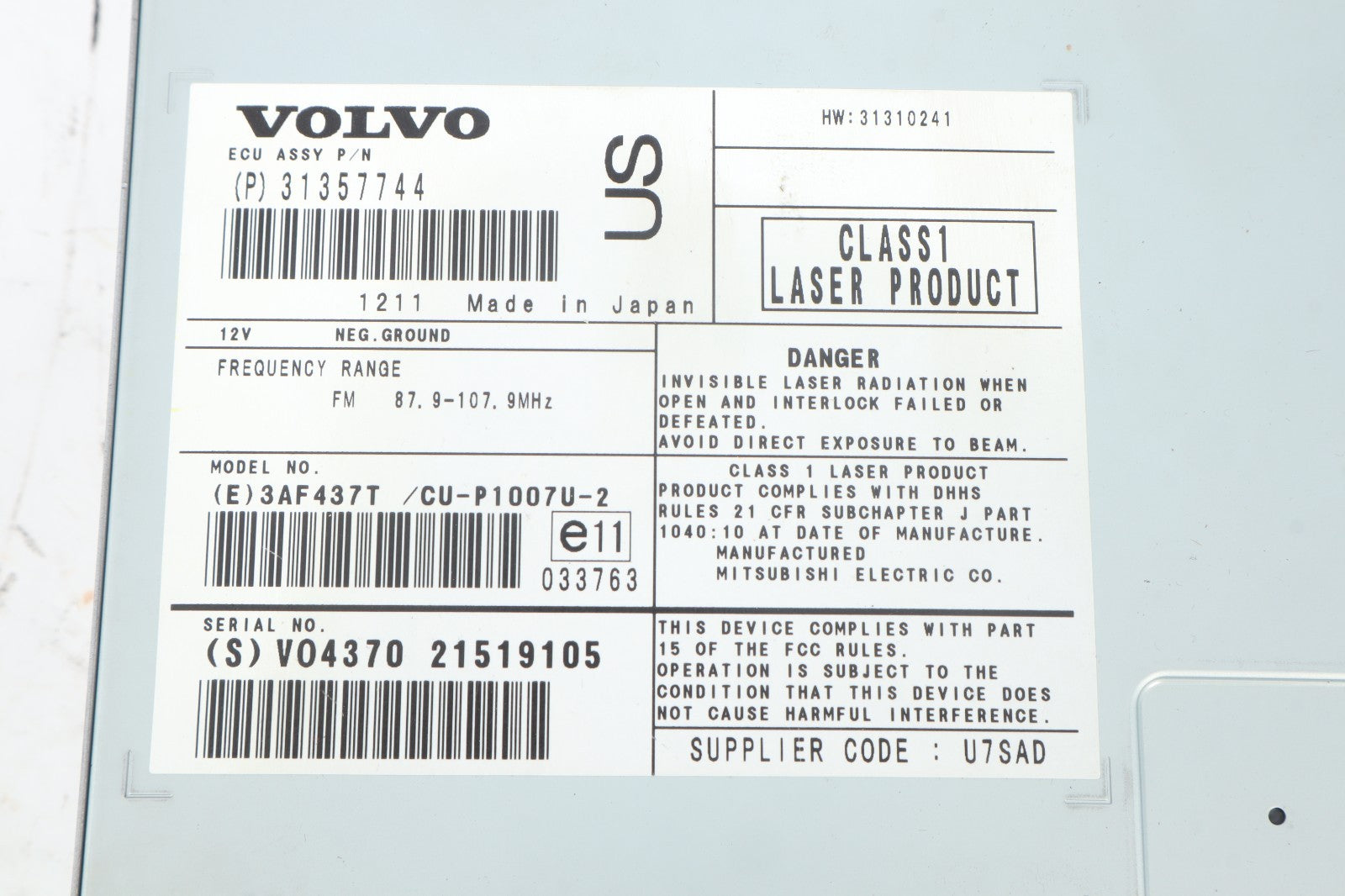 2012 VOLVO C70 DVD PLAYER OEM