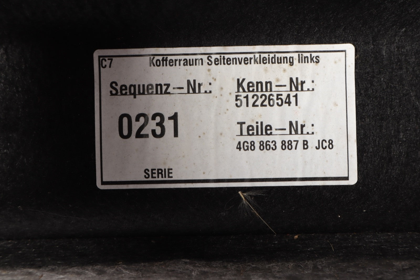 2012-2014 AUDI A7 Quattro - LEFT Trunk Access Panel / BOOT Lining 4G8863887B